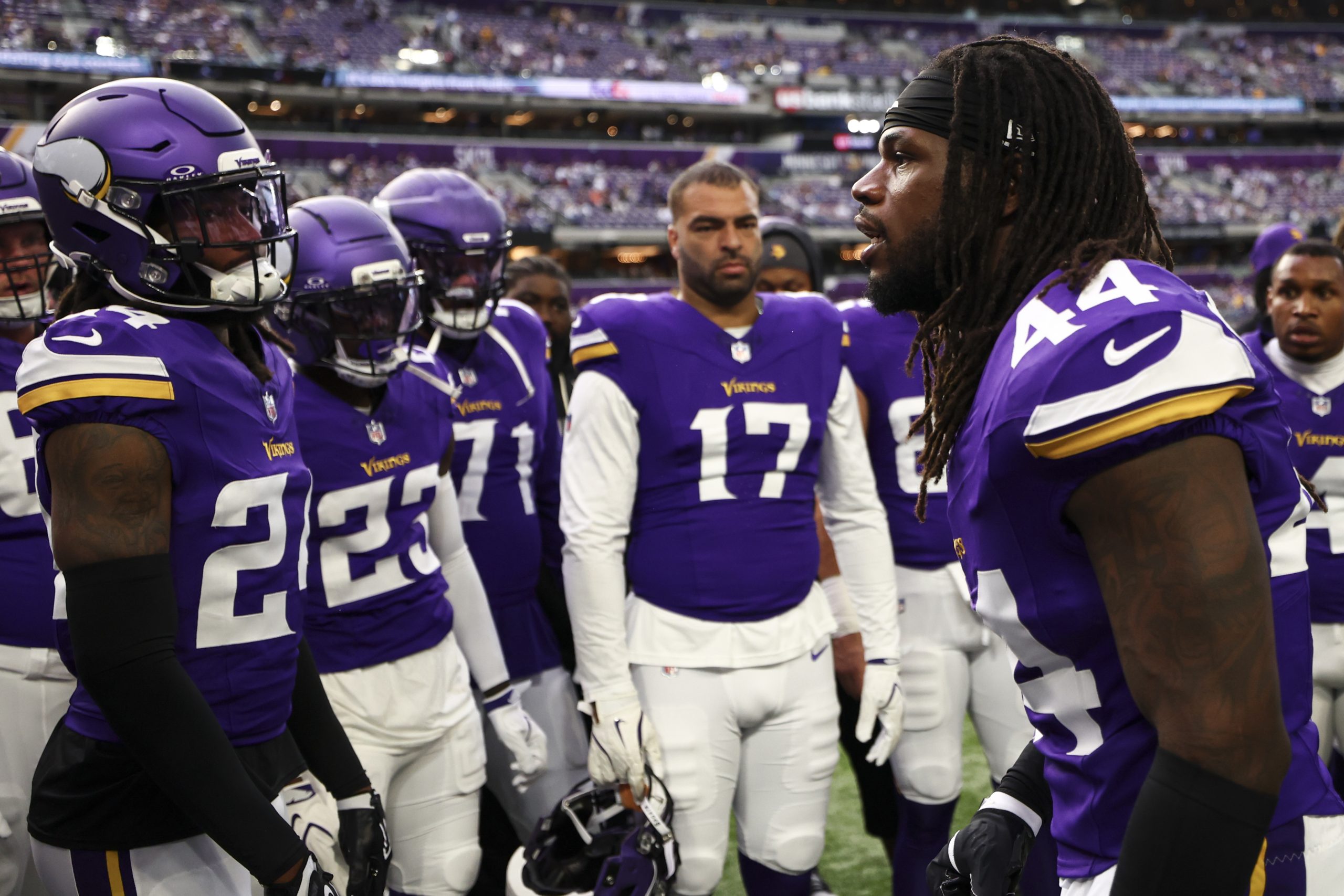 Minnesota Vikings players celebrating a touchdown on the field